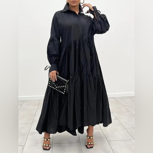 Women's Casual Ruffle Long Sleeve Shirt Dress White Loose Maxi Dress - Picture 3 of 11